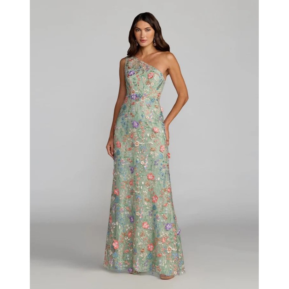 Mac Duggal One-Shoulder Floral Gown in Mint with Pink & Purple Accents - Picture 5 of 15